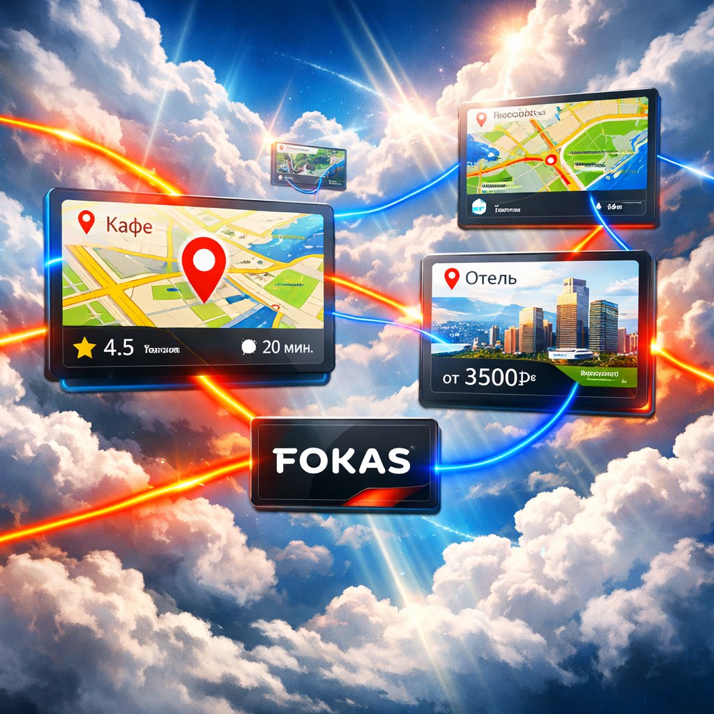 динамические прозрачные карточки Яндекс.Карт с логотипом FOKAS