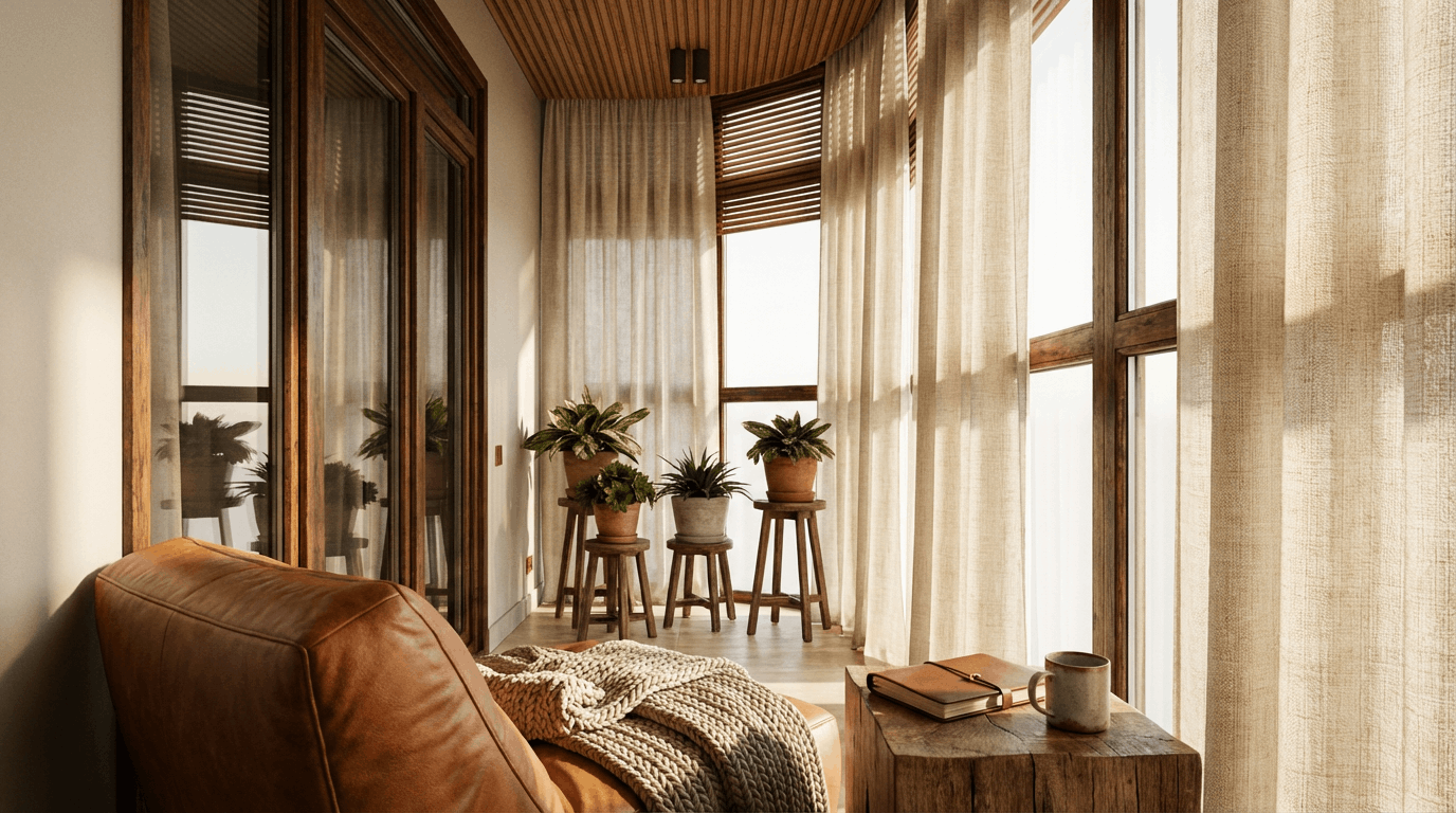 Панорамное остекление балкона пластиковыми окнами от пола до потолка.