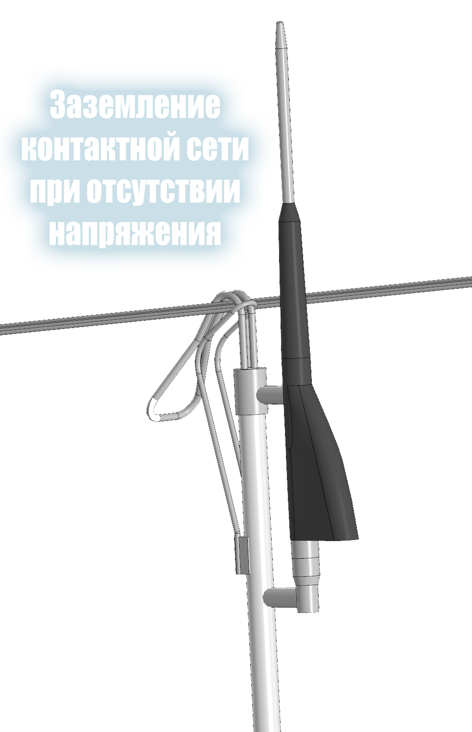 Заземление контактной сети при отсутствии напряжения: штанга с указателем напряжения закреплена на контактном проводе