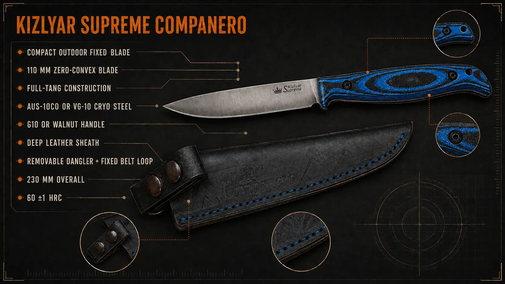 Technical infographic of the Kizlyar Supreme Companero knife and fitted leather sheath