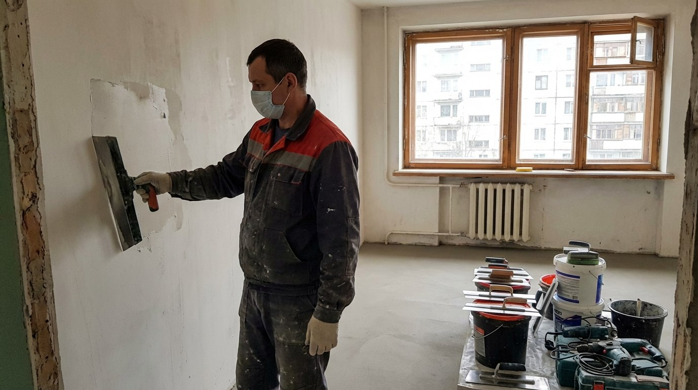 Мастер выполняет чистовую отделку стен в квартире — рабочий момент капитального ремонта