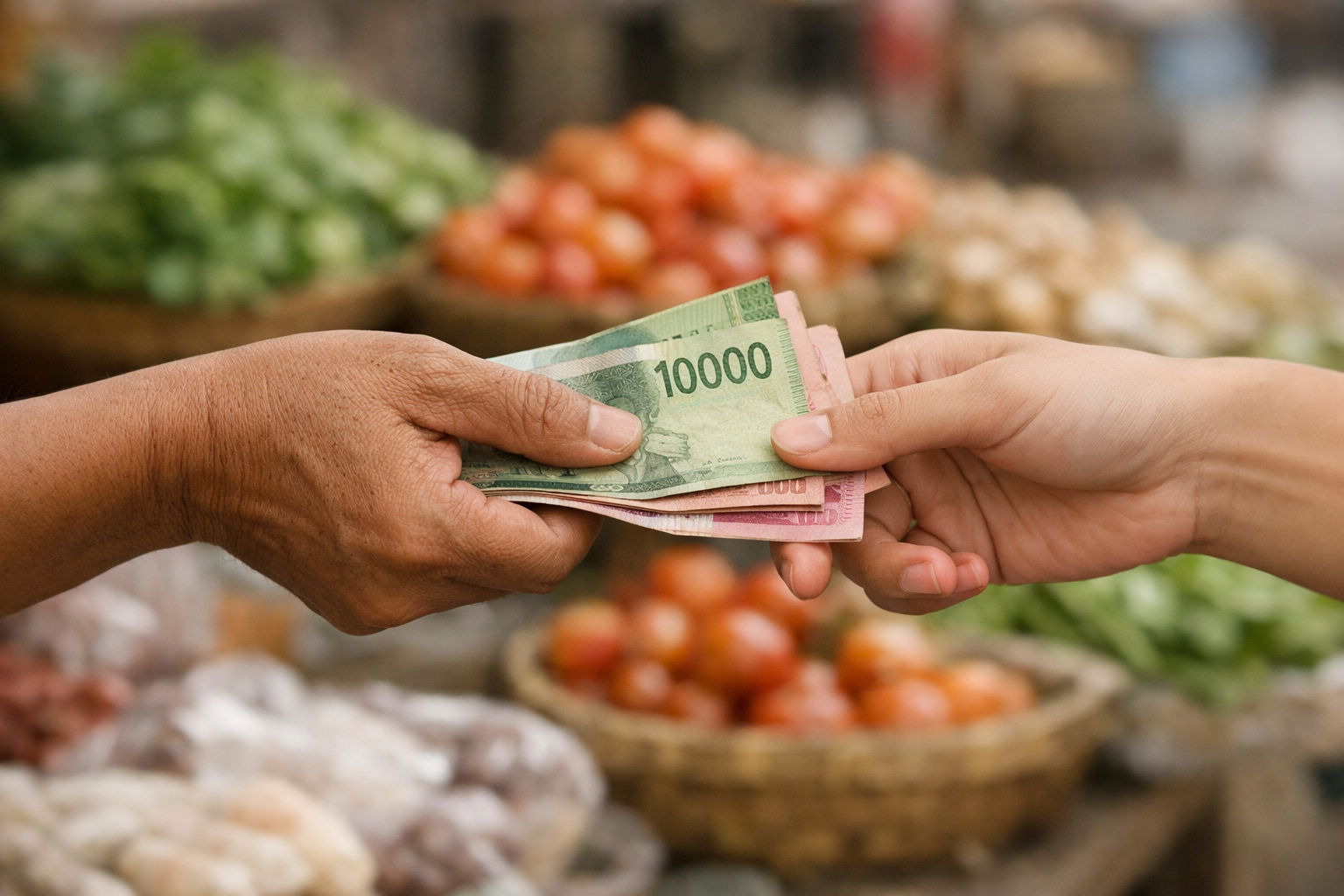 Pembayaran kontan dengan uang tunai di pasar tradisional Indonesia
