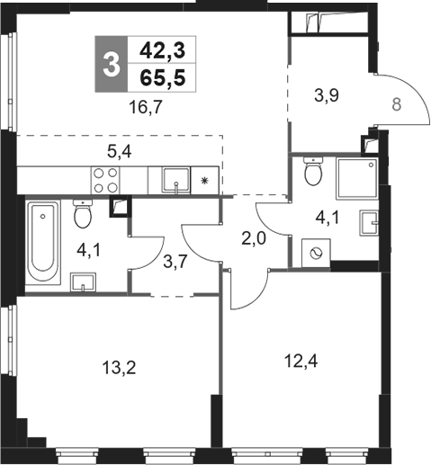 3-комн 65,5 м²