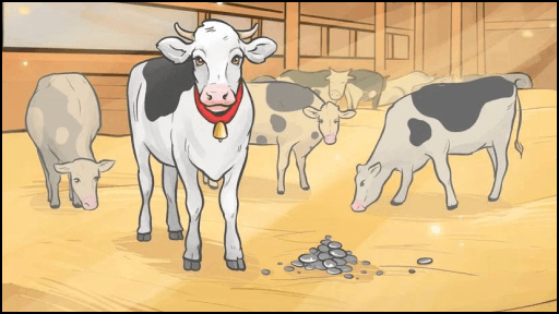 Визуальная идея рекламы молочной продукции: корова внимательно смотрит в кадр, создавая интригующую сцену