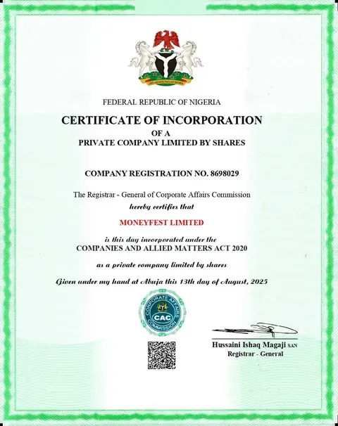 Certificate of incorporation of MoneyFest Limited
