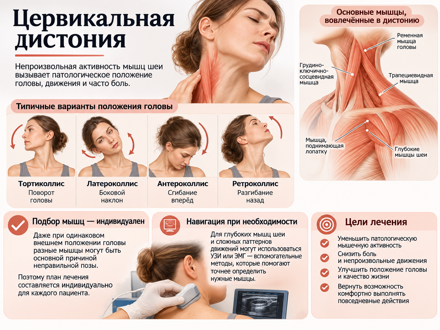 Цервикальная дистония: тортиколлис, латероколлис, антероколлис, ретроколлис и мышцы шеи