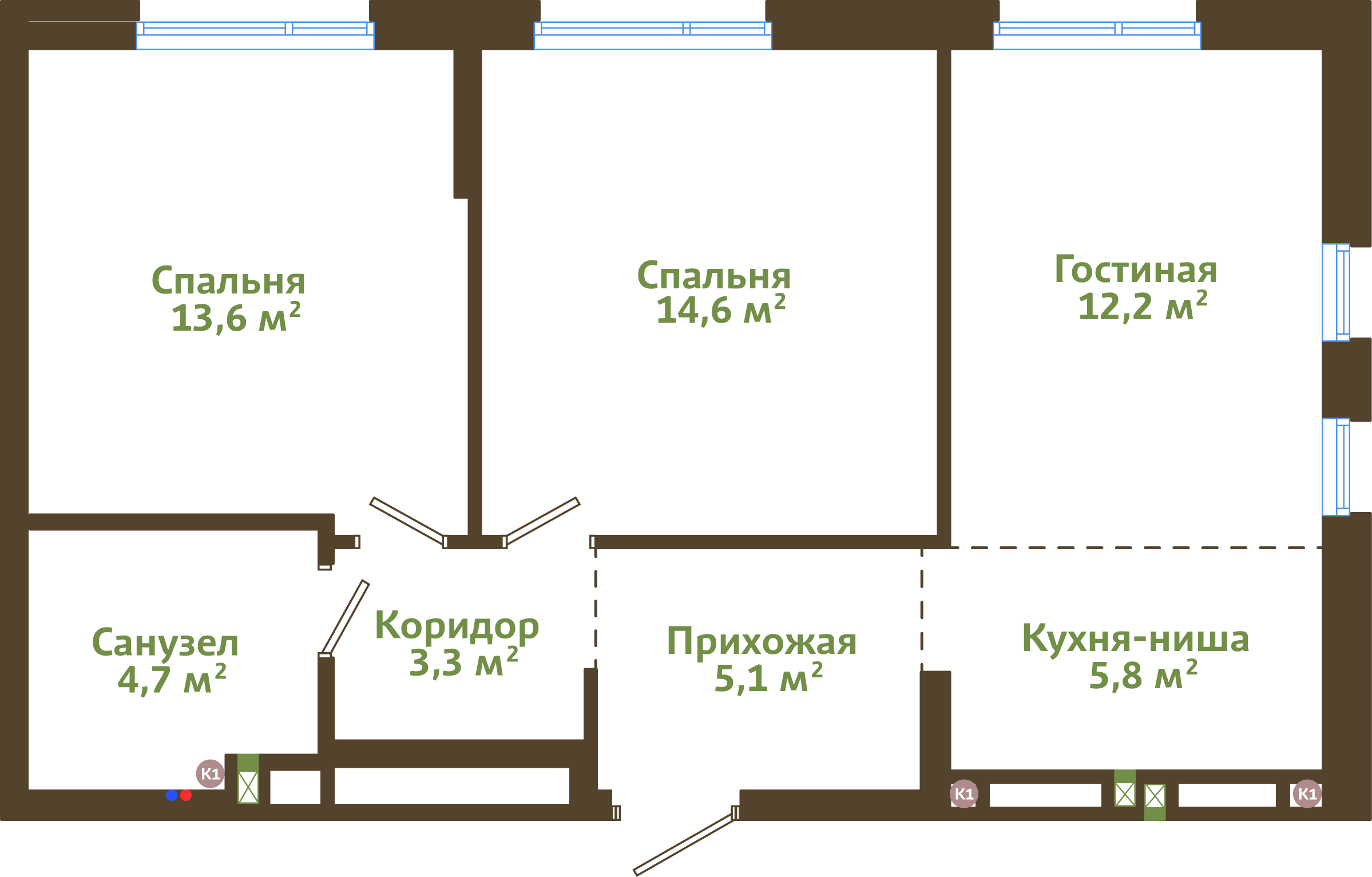 Планировка 3-комнатной квартиры 59,30 м²