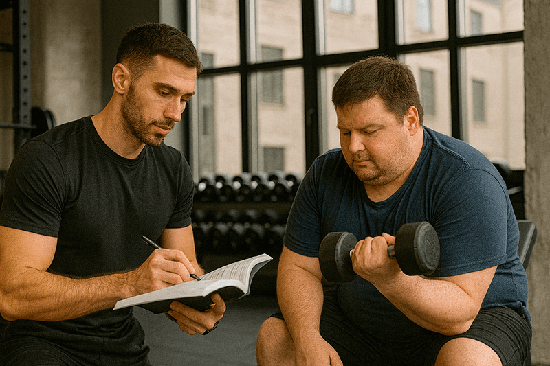 Тренер наблюдает за клиентом, выполняющим упражнение, делая записи в блокноте. Визуал подчеркивает, что работа фитнес-инструктора требует знаний, анализа и системной подготовки, а не «легких денег».