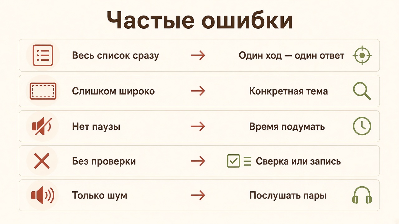 Пять частых ошибок и что сделать вместо них: один ответ за ход, конкретная тема, пауза, проверка, послушать пары