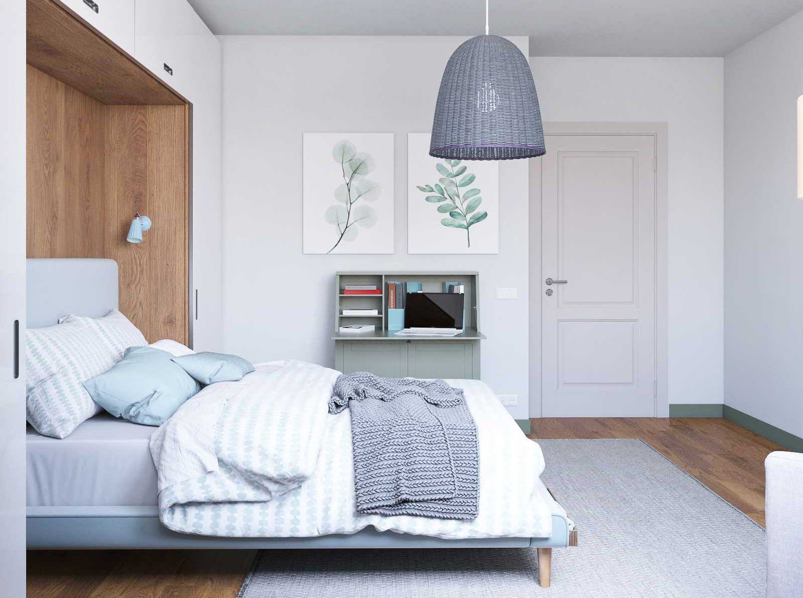 Спальня с скандинавском стиле с деревянными панели за кроватью. Напольная доска орех.