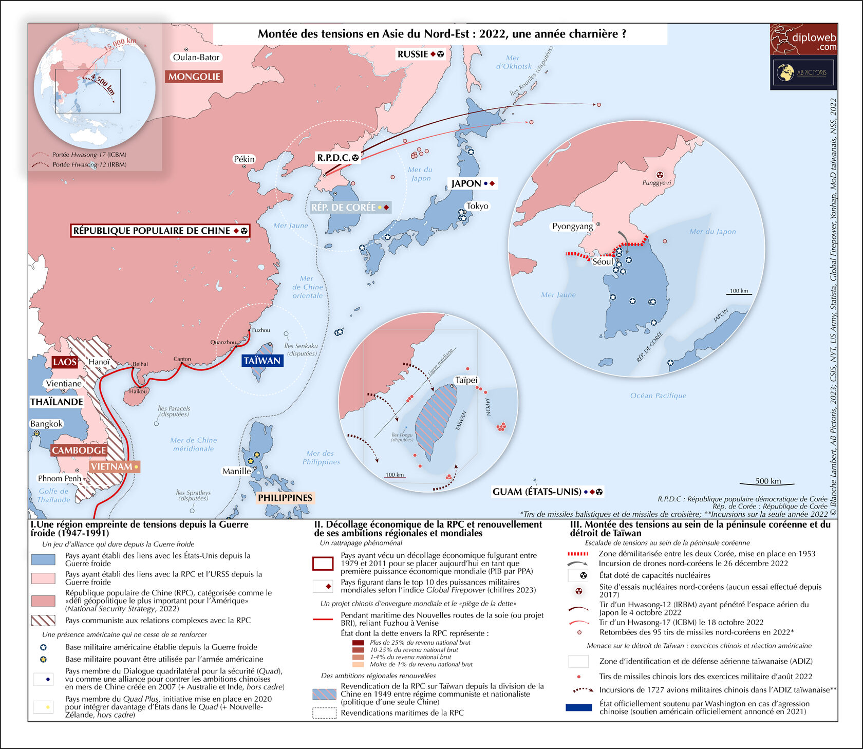 Carte de la montée des tensions en Asie du Nord-Est en 2022, montrant la Mer de Chine, les mouvements stratégiques autour de Taiwan, les déploiements militaires en Mer de Chine méridionale et orientale, et les zones d'influence des puissances régionales. 