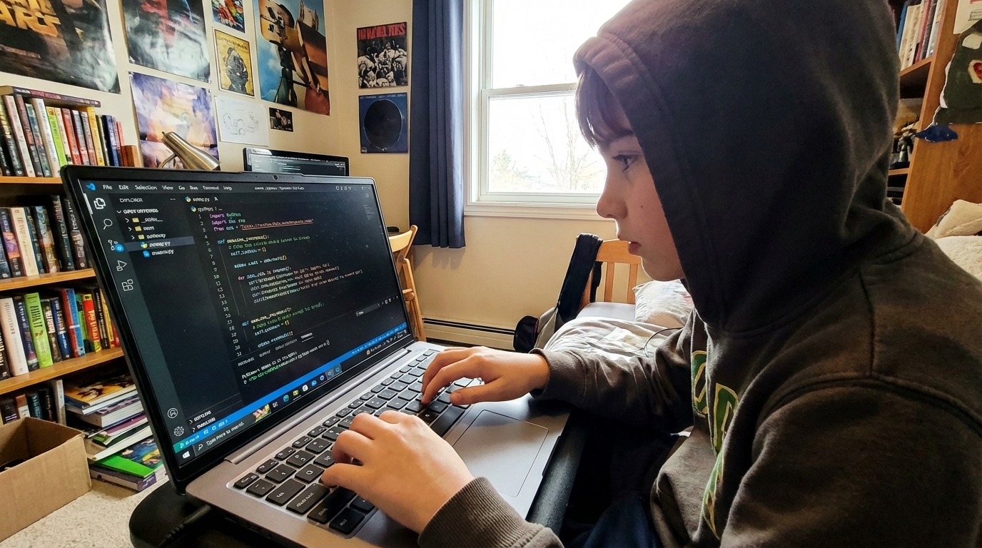 Ребёнок за ноутбуком пишет код для создания веб-сайтов