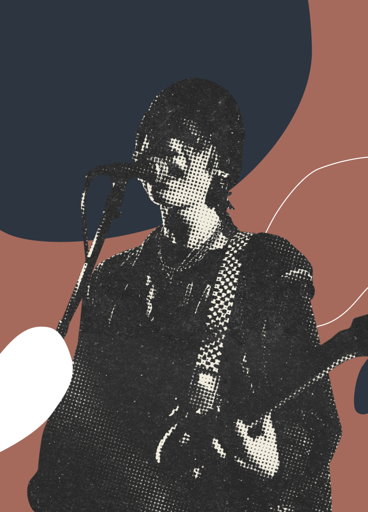 Стилизованный портрет музыканта с гитарой у микрофона: графический постер в инди-рок стиле, контрастная текстура, абстрактный фон, атмосфера живого выступления и авторской музыки.