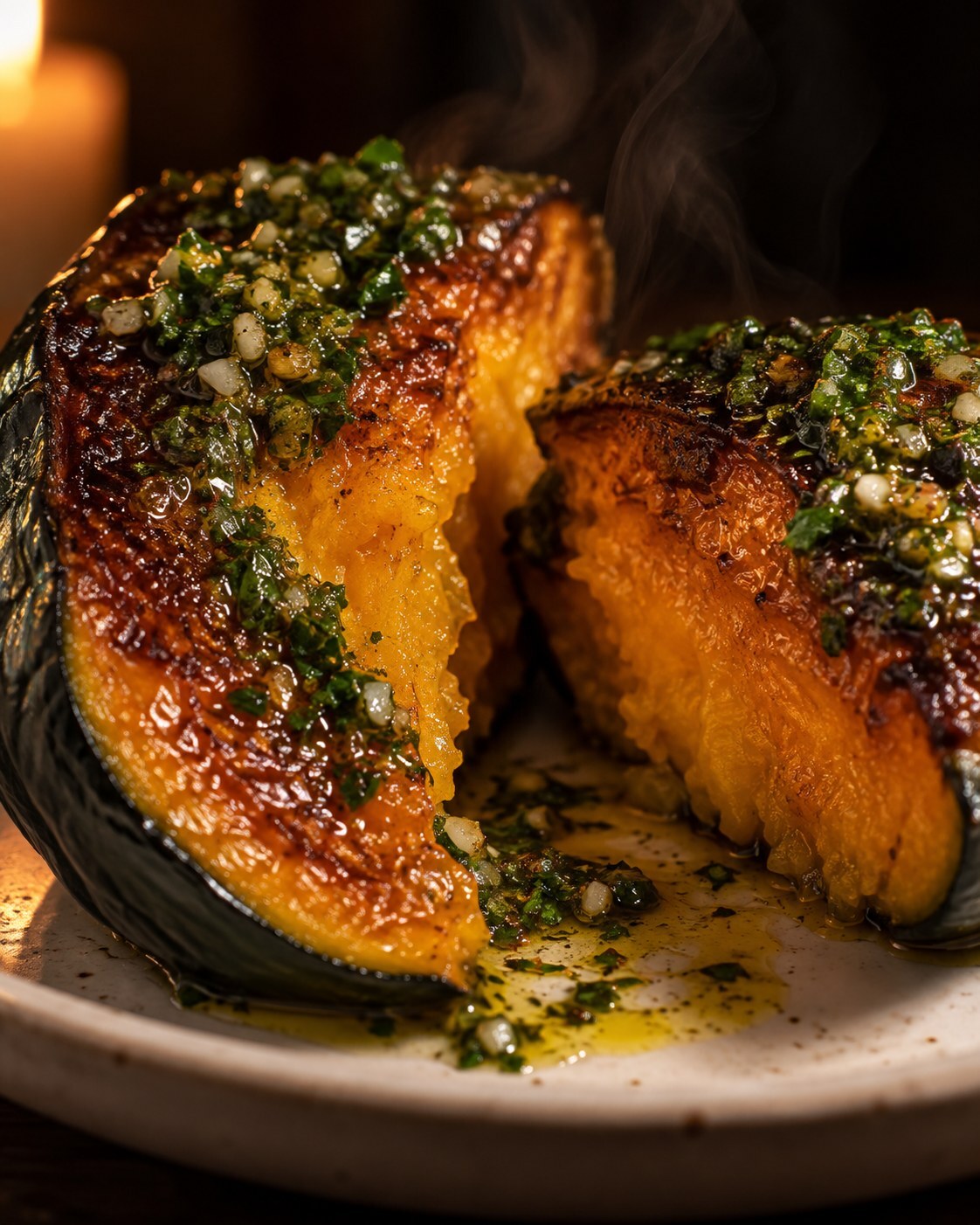 Close-up of a kabocha squash steak cut open, caramelized crust on top and soft orange center, with chimichurri