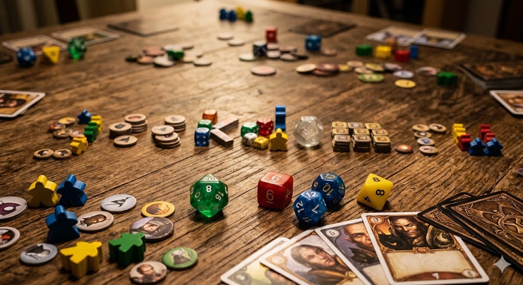 Настольные игры кубики дайсы и карточки на деревянном столе.