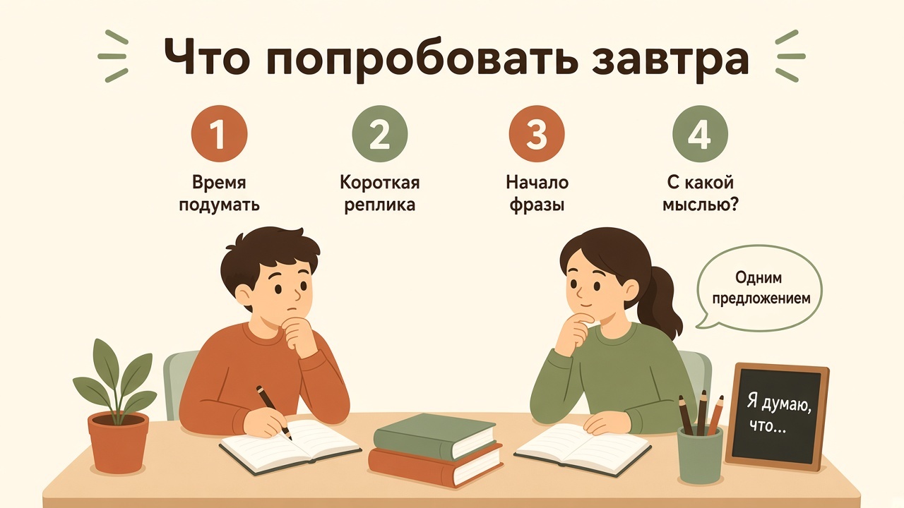 Двое детей думают перед короткой репликой, на парте карточка с началом фразы