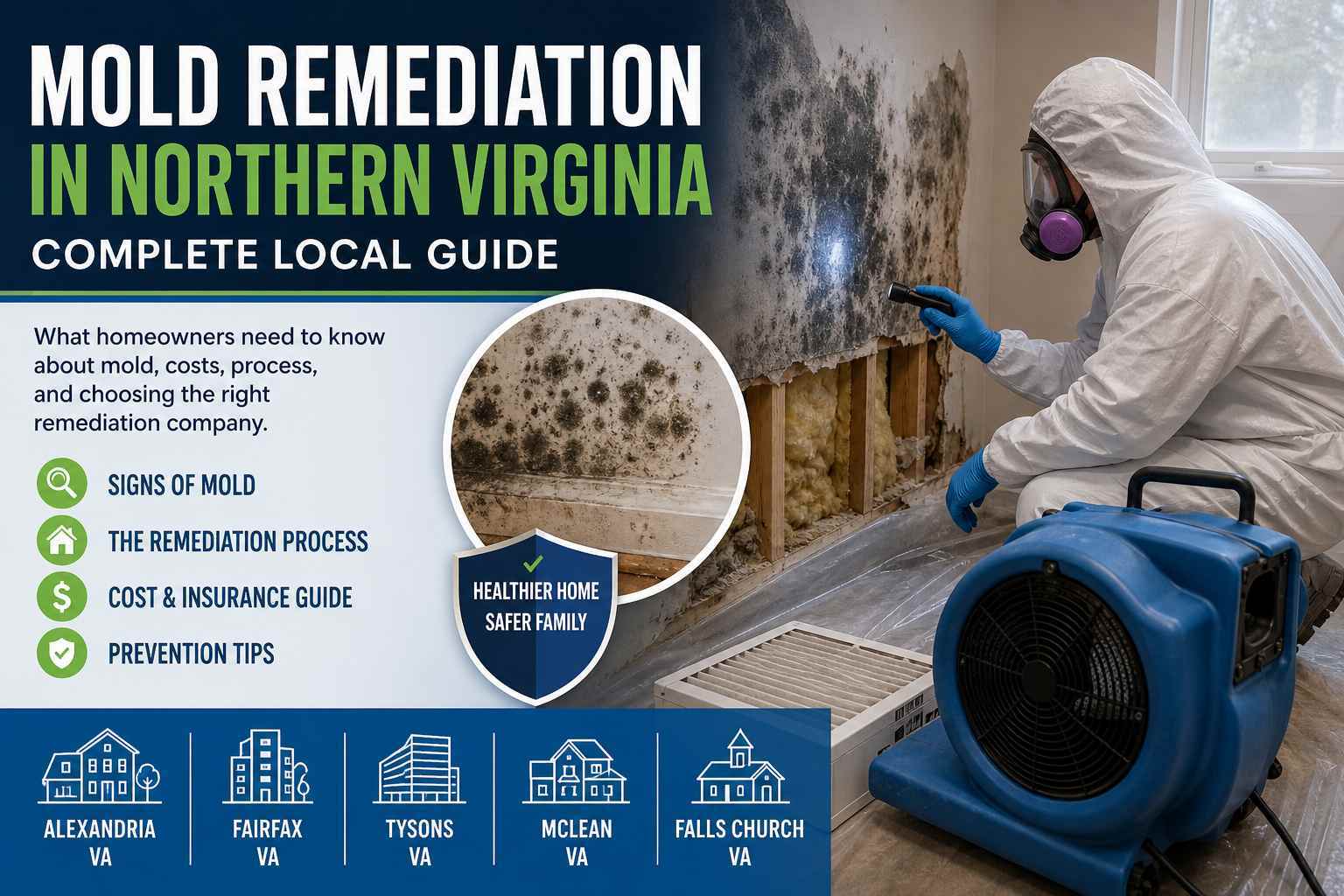 Mold remediation in Northern Virginia guide showing a technician inspecting mold damage with HEPA air filtration equipment for homeowners in Alexandria, Fairfax, Tysons, McLean, and Falls Church.