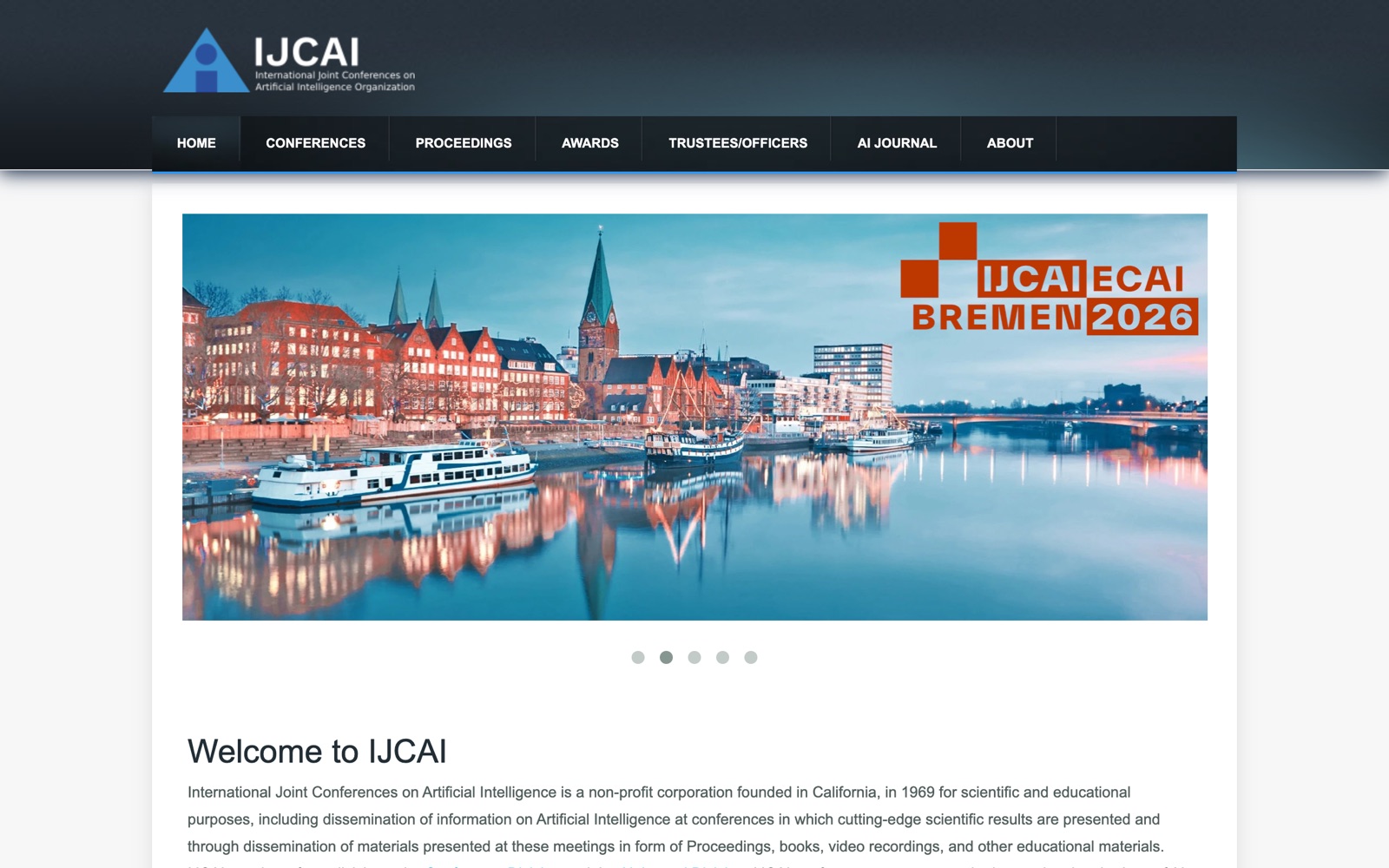 IJCAI homepage screenshot: International Joint Conferences on Artificial Intelligence