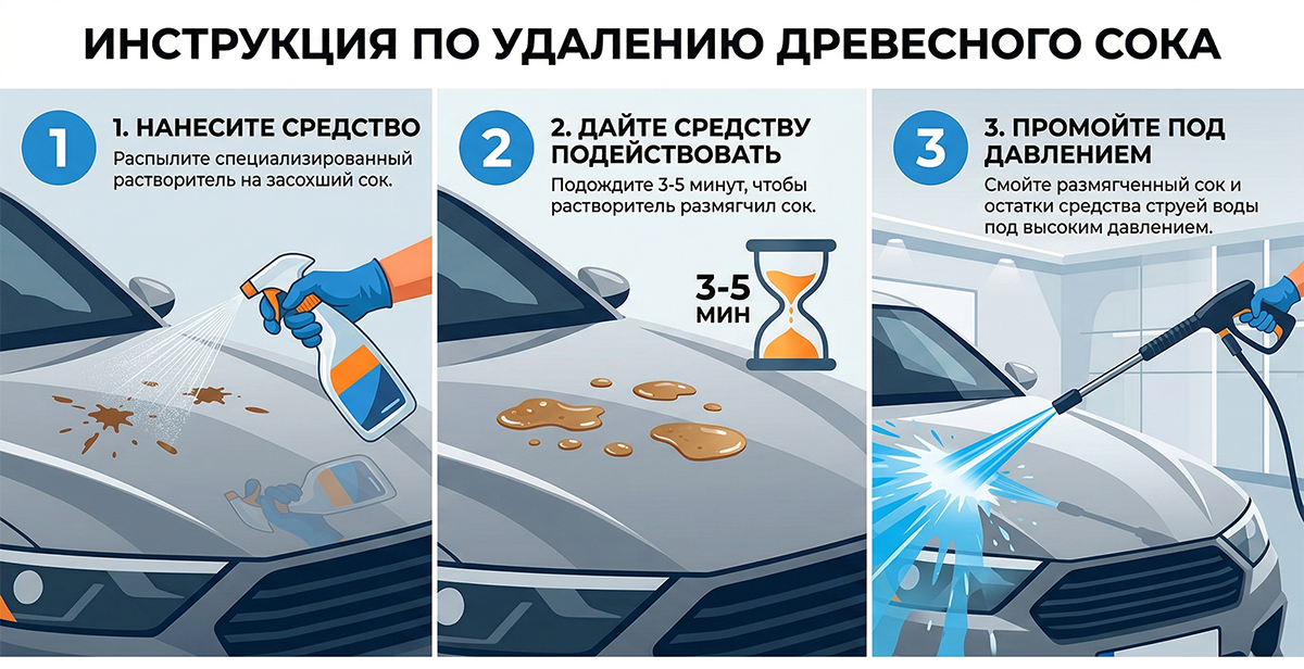 Пошаговая инструкция по безопасному удалению древесной смолы с кузова автомобиля.