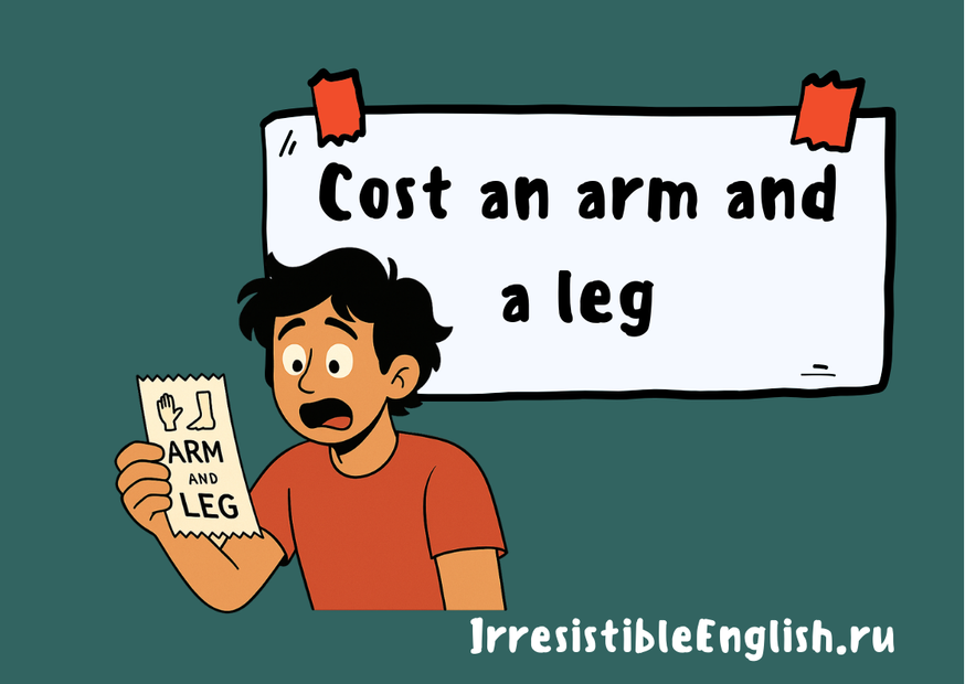 Иллюстрация парня в оранжевой футболке, который с удивлением смотрит на ценник с надписью «ARM AND LEG» и рисунками руки и ноги. На фоне большой белый плакат с надписью «Cost an arm and a leg».