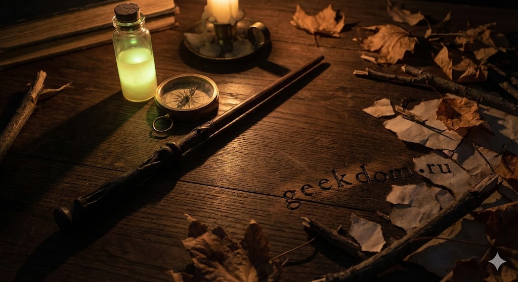 Магические артефакты, зелья и волшебная палочка на столе.