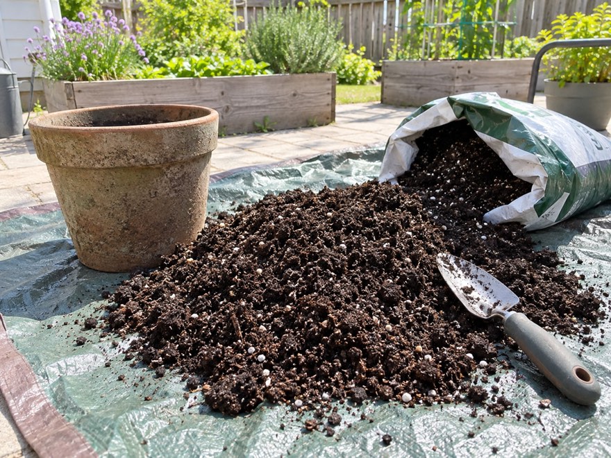 Can I reuse potting soil, old mix dumped out beside fresh potting mix