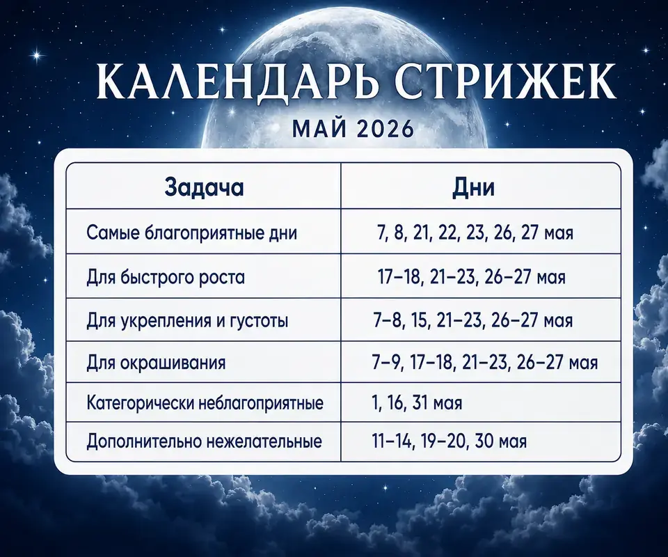 Лунный календарь стрижек на май 2026 года: лучшие и неблагоприятные дни