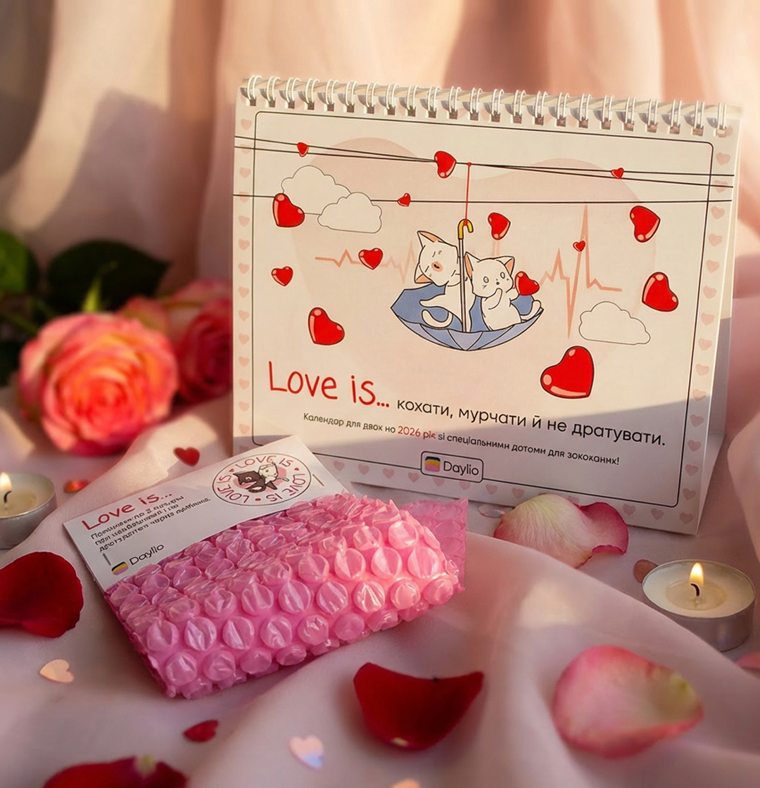 Настільний календар Love is для закоханих з котиками та фразами “Любов - це…” як бюджетний подарунок на 14 лютого
