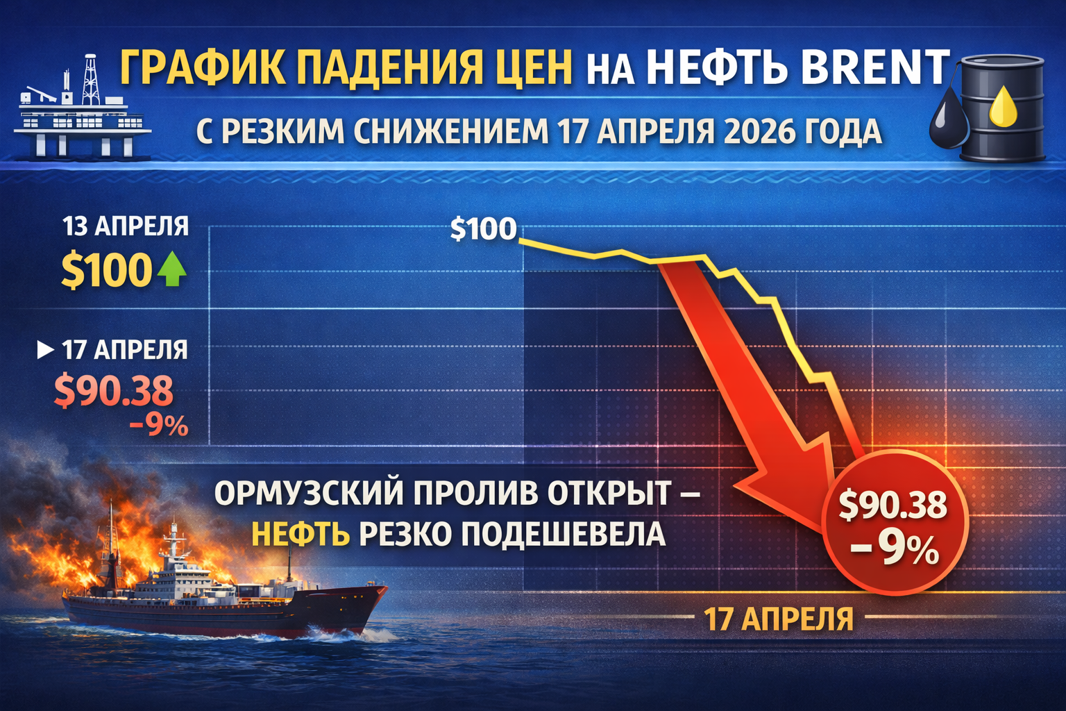 График падения цен на нефть марки Brent, резкое снижение котировок.
