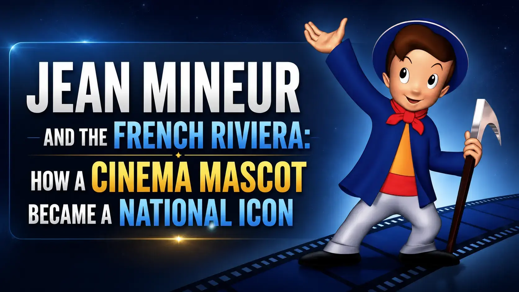 Jean Mineur cinema mascot illustration with pickaxe and red scarf, symbol of French movie theaters on the French Riviera, Cannes, France
