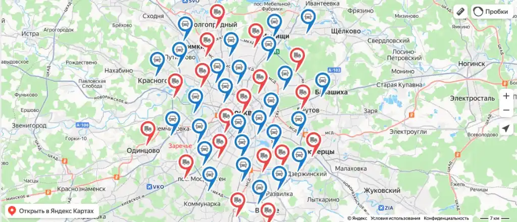 Карта экипажей выездного шиномонтажа Prokol24 в Москве и Московской области