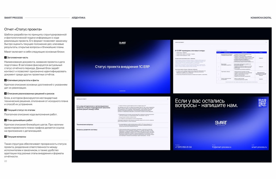 Шаблон отчёта Smart Process «Статус проекта внедрения 1С:ERP»: обложка и страницы отчёта в фирменном стиле