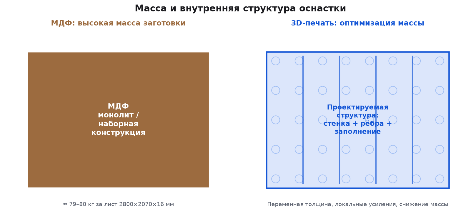 Сравнение массы и внутренней структуры МДФ и 3D-печатной оснастки