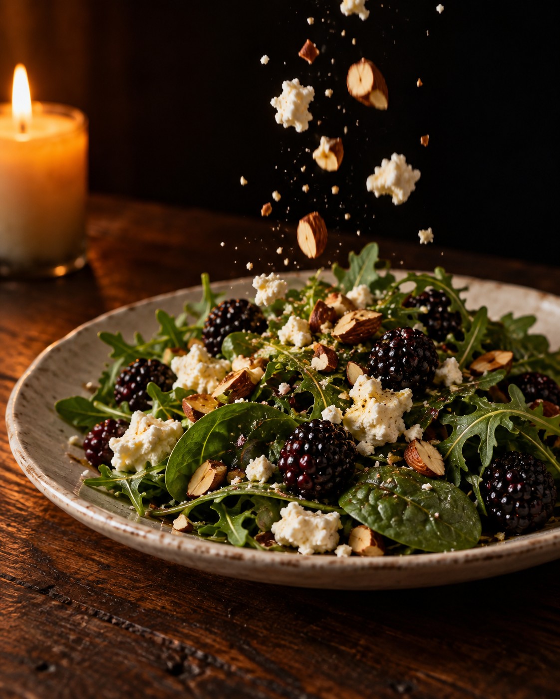 Crumbled goat cheese and smoked almonds being scattered over blackberries and baby greens on a white plate