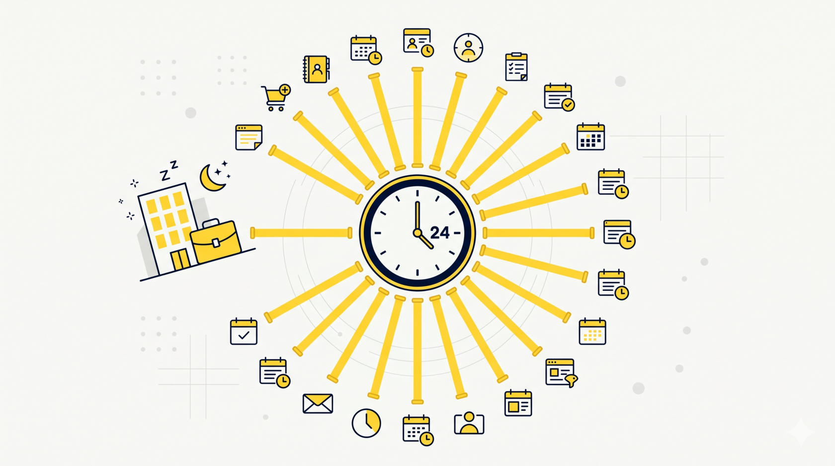 A flat editorial illustration of an autonomous marketing system generating consultation requests for a professional services firm around the clock.