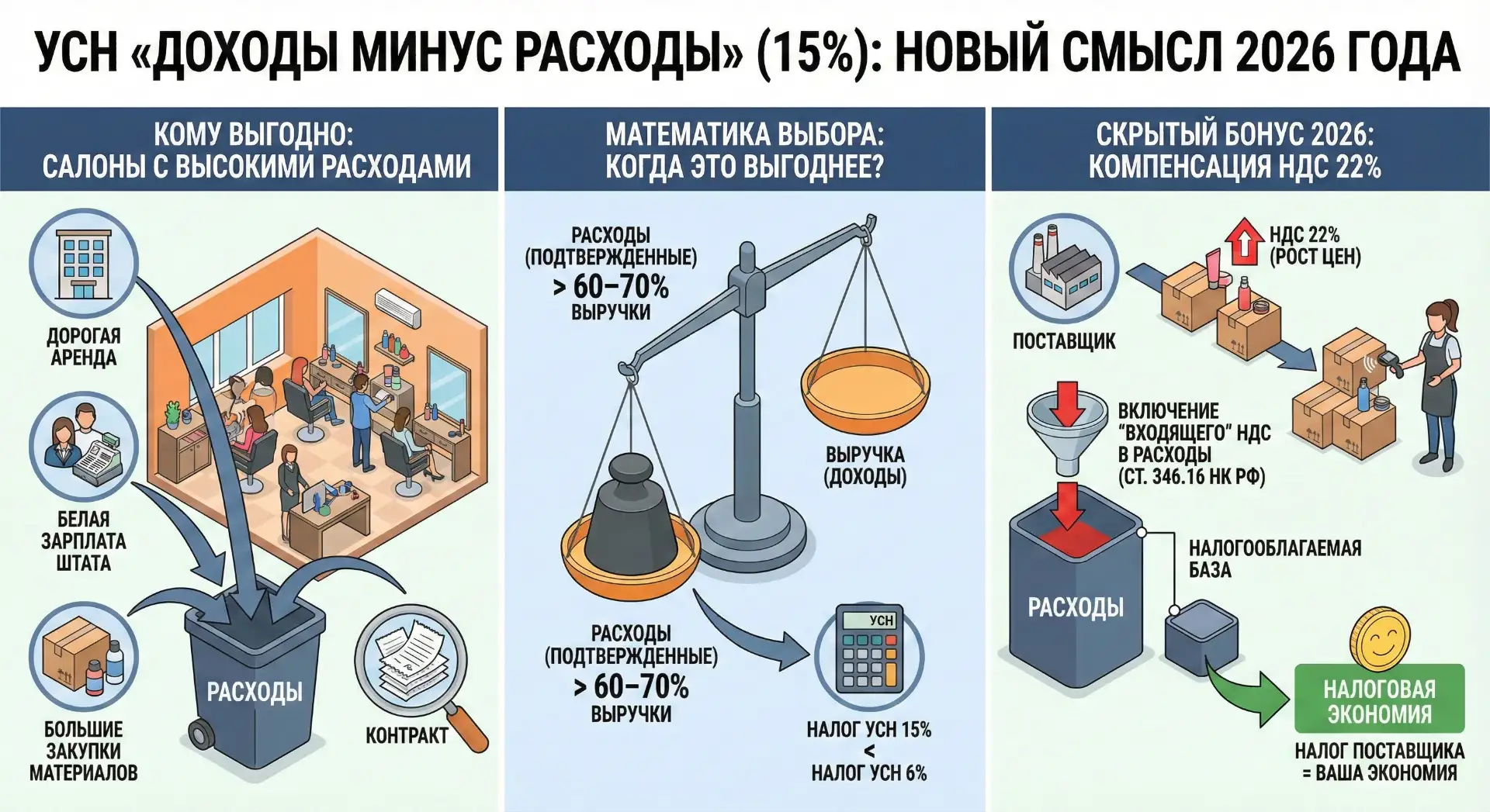 Инфографика УСН «Доходы минус расходы» (15%) для салонов красоты: выгодно при расходах более 60% от выручки. Схема учета «входящего» НДС в расходах.