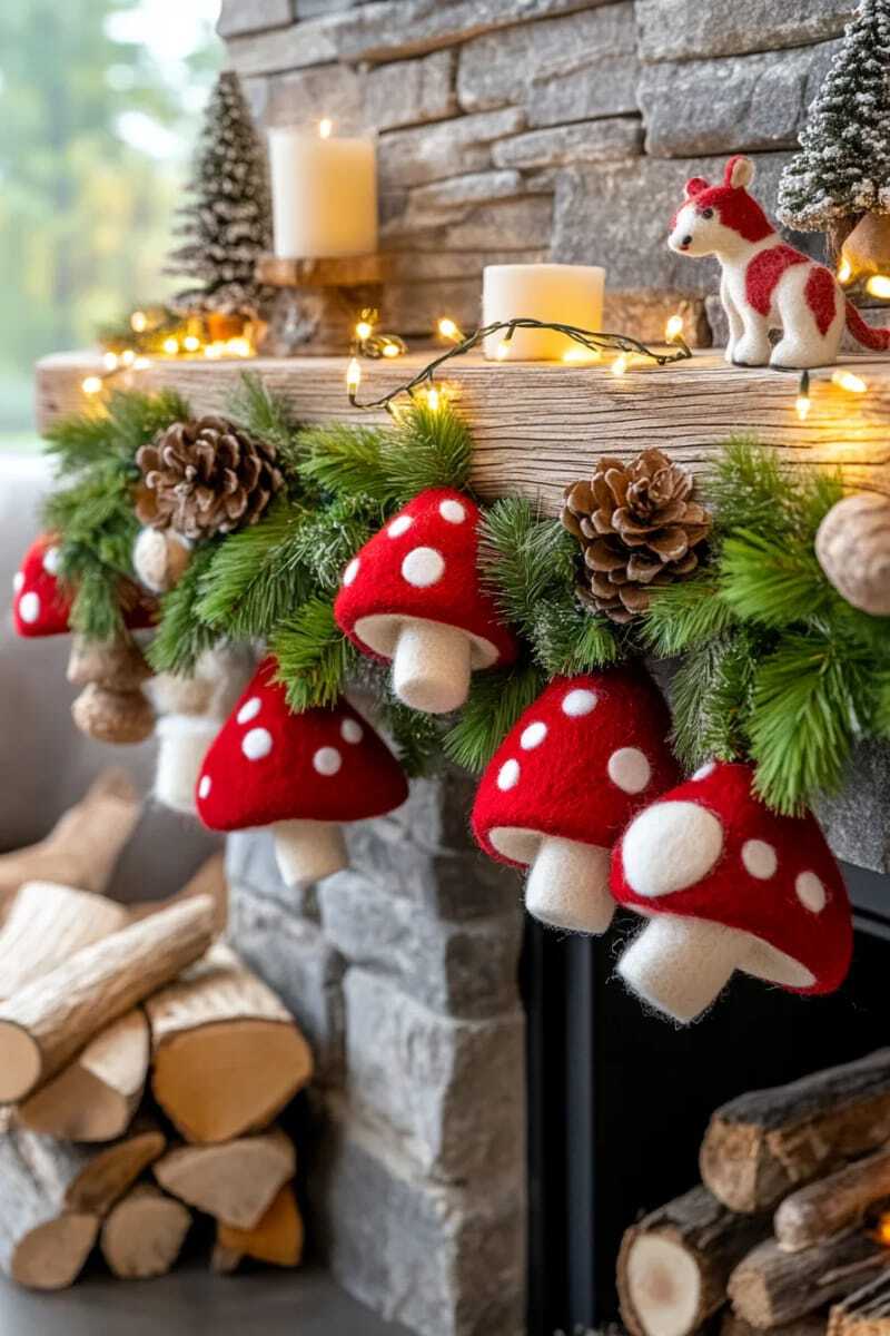 причудливая гирлянда с шерстяными грибами и лесными сосновыми шишками 1