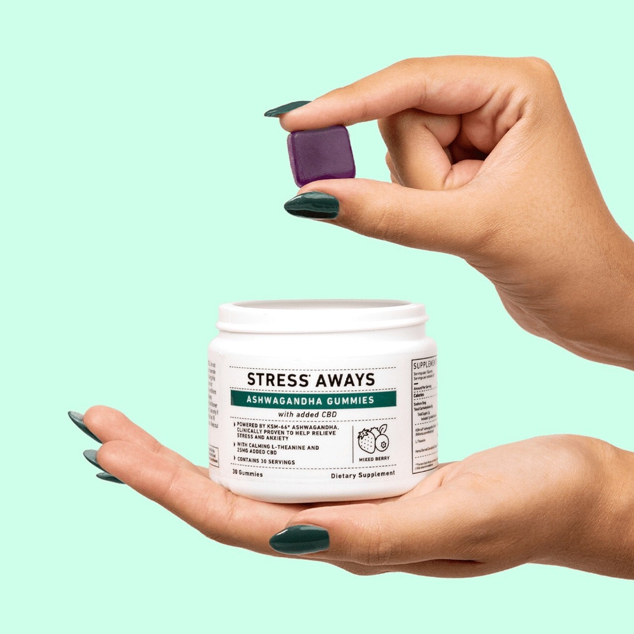 Зелёные жевательные конфеты Ashwagandha CBD со смешанными ягодами, без ТГК, 30 шт., 750 мг КБД
