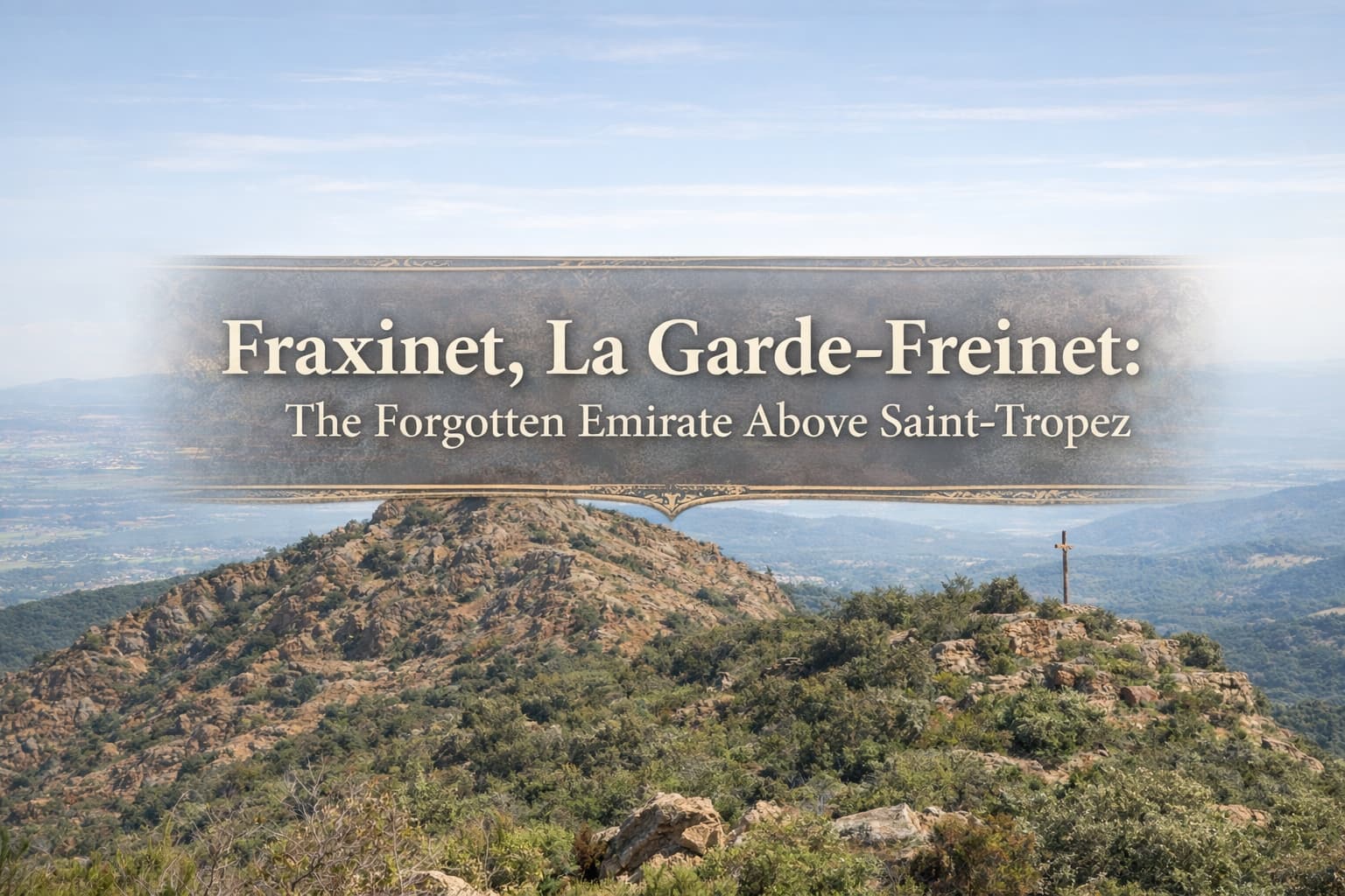 Panoramic landscape of Fraxinet ruins in La Garde-Freinet Provence with centered banner “The Forgotten Emirate Above Saint-Tropez” French Riviera history