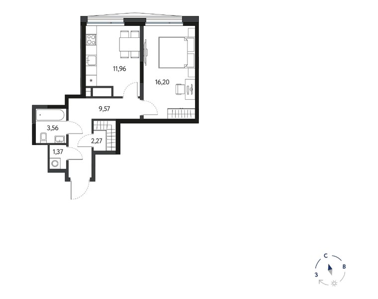 Планировка 1-комнатной квартиры 44,93 м² в ЖК «Кинетик»: 10-й этаж