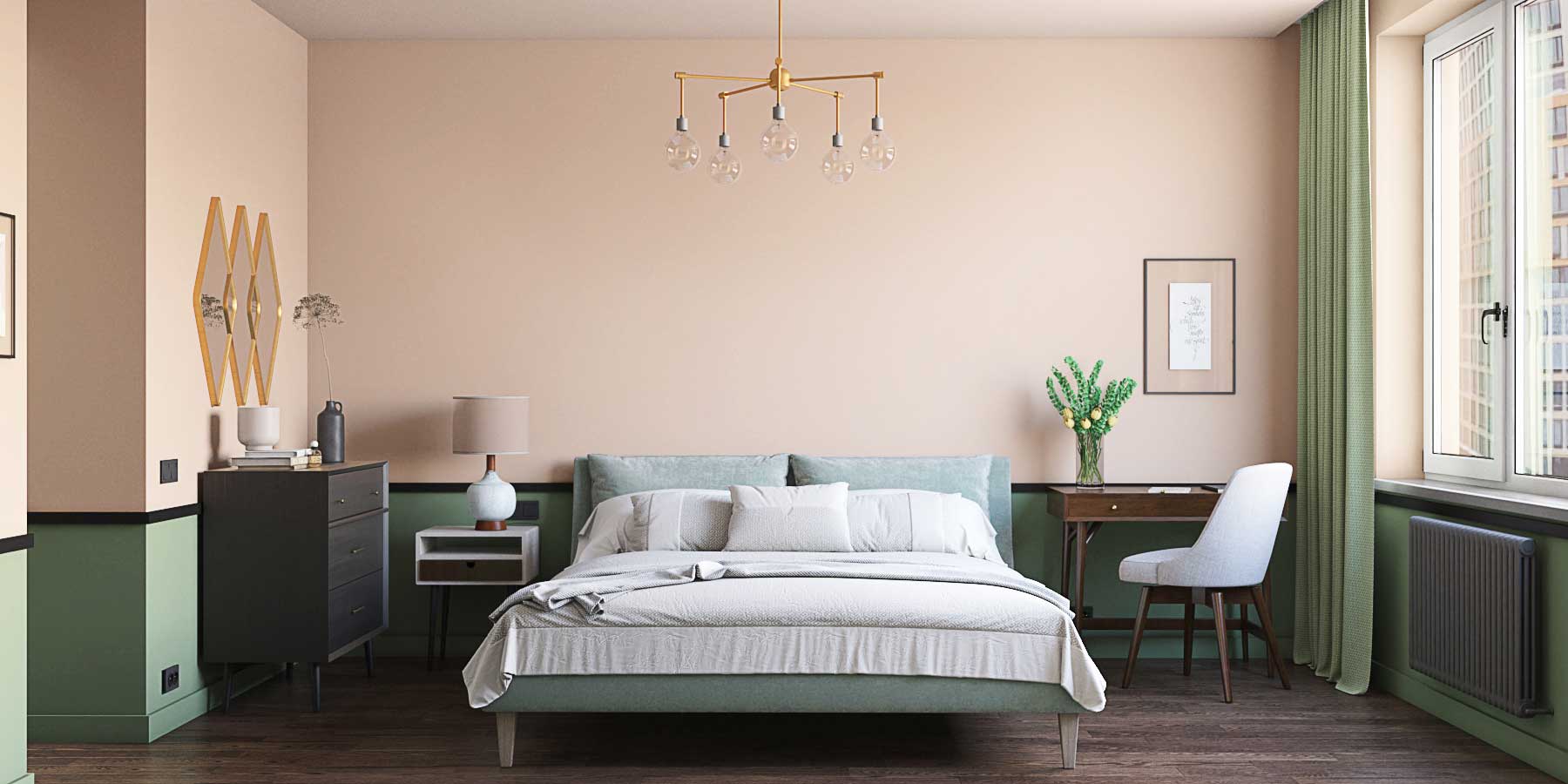 Мидсенчури спальня в розово-зеленом цвета. Зеленая кровать с мягкой обивкой, столик из дерева для ноутбука, черный комод на ножках, прикроватная тумба. Пол деревянный темный. Люстра из желтого металла. 