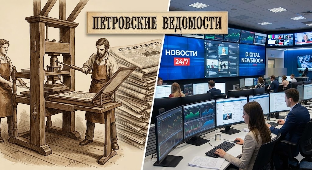 оллаж, совмещающий изображение старинного печатного пресса петровских времен и современного цифрового ньюсрума с мониторами