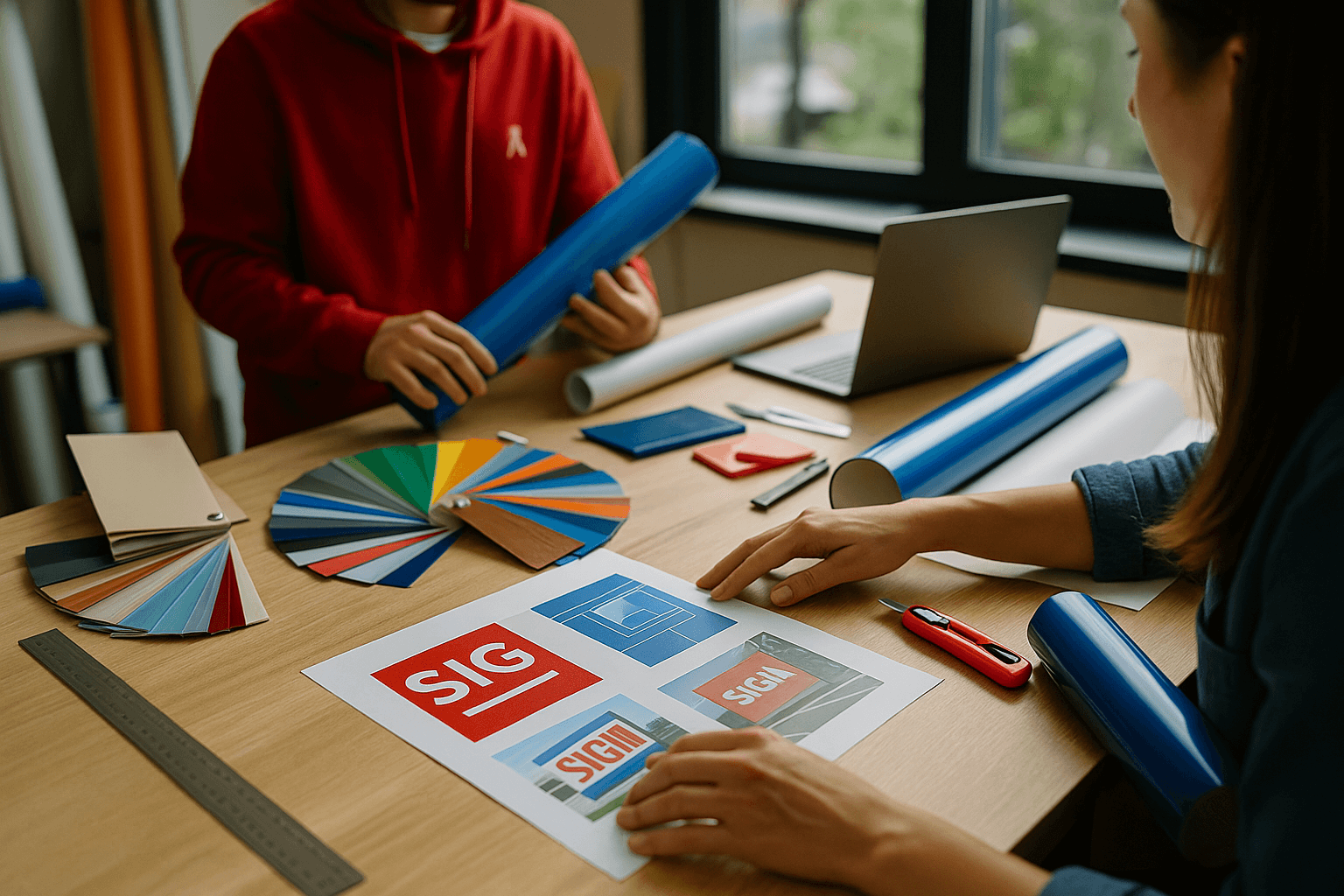 Рабочий стол дизайнера с образцами плёнки Oracal, пантон-веером и инструментами для наружной рекламы.