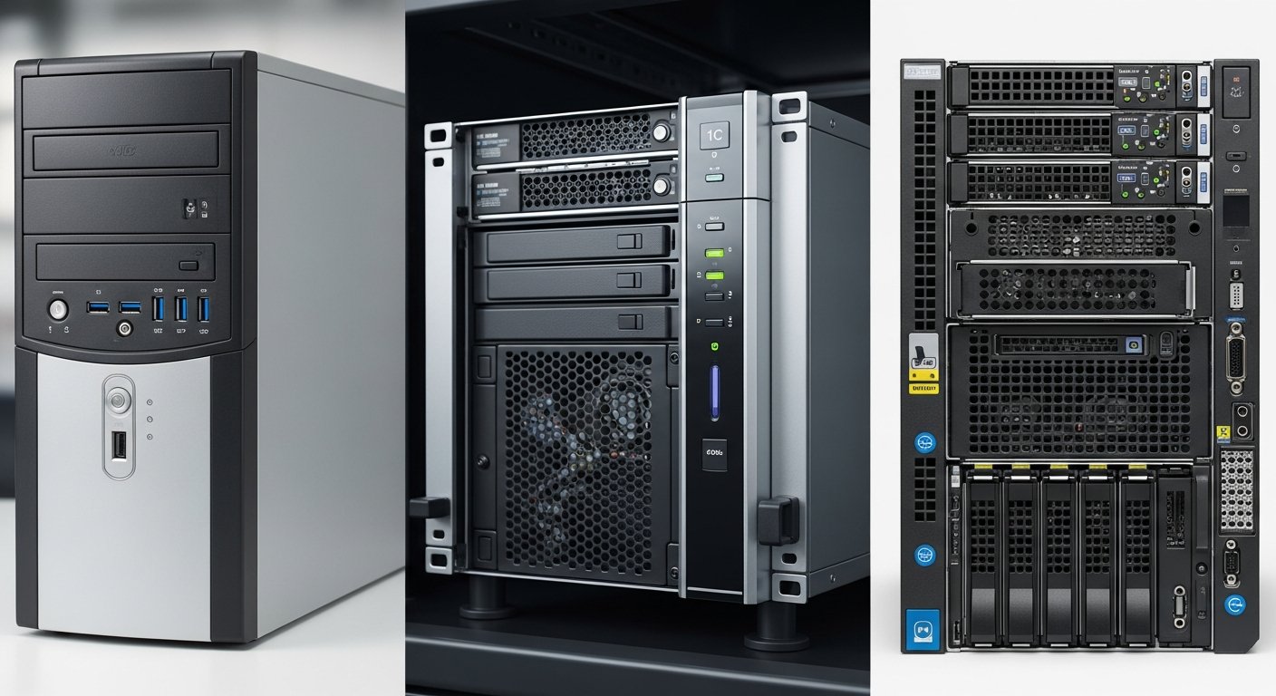 Три конфигурации серверов рядом: базовый office tower, 1C rack-сервер, сервер виртуализации