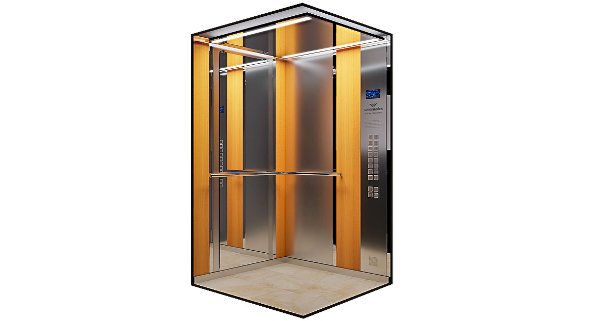 Пассажирский лифт Wellmaks Pragmatic wood комфорт-класса с отделкой из деревянных текстур и металлических вставок для административных и жилых зданий