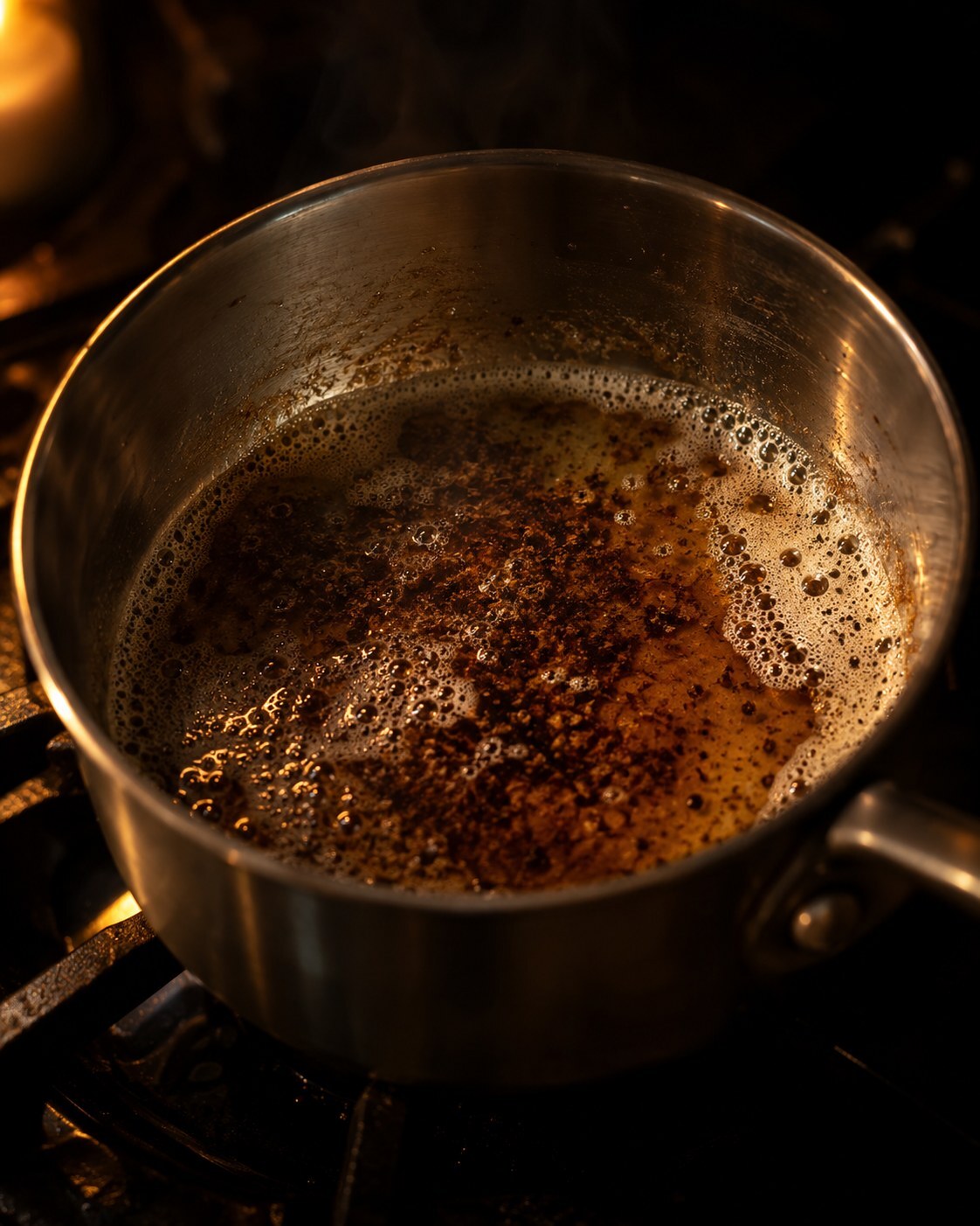 Butter browned to hazelnut in a small steel saucepan, foam and toasted milk solids