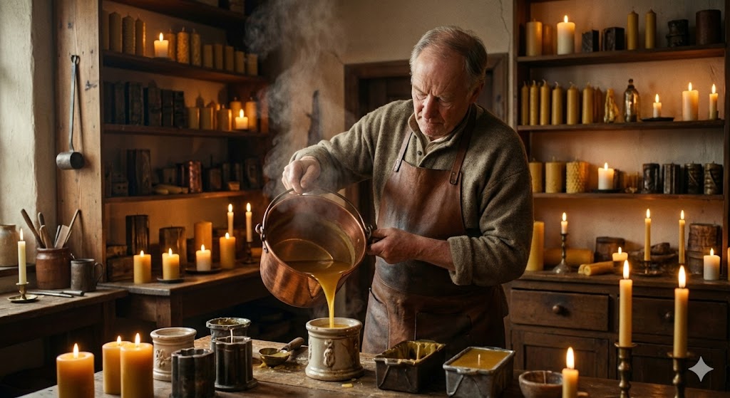 Мастер-свечник заливает горячий воск в формы в уютной мастерской