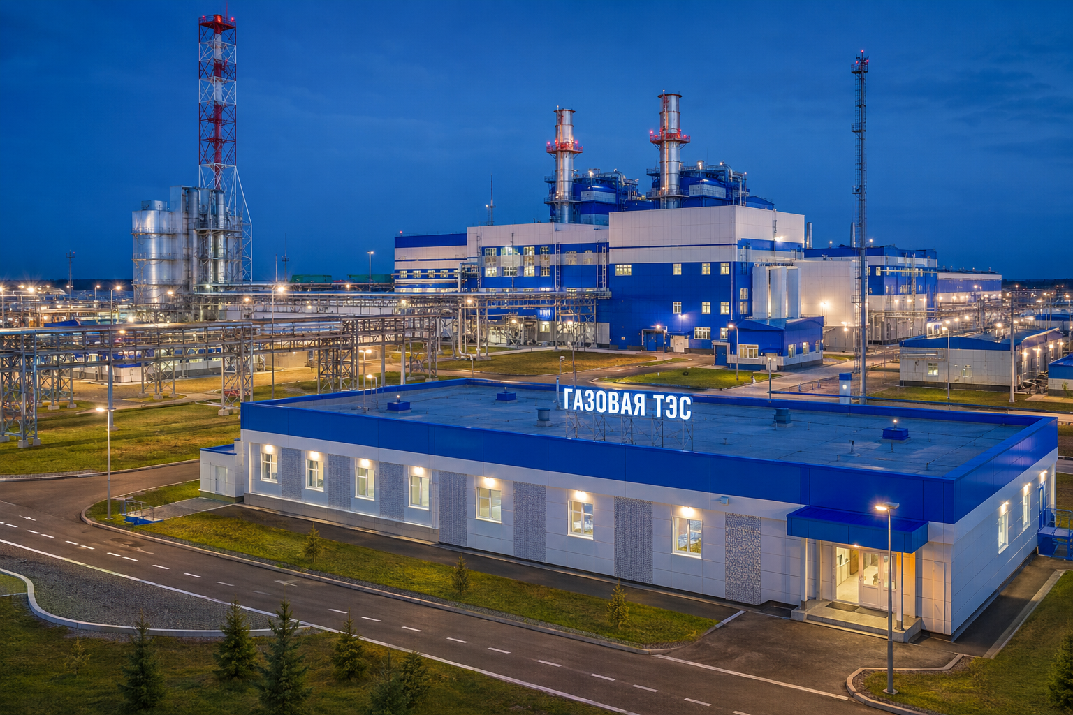 Современная газовая ТЭС с трубопроводами и промышленной инфраструктурой в вечернем освещении