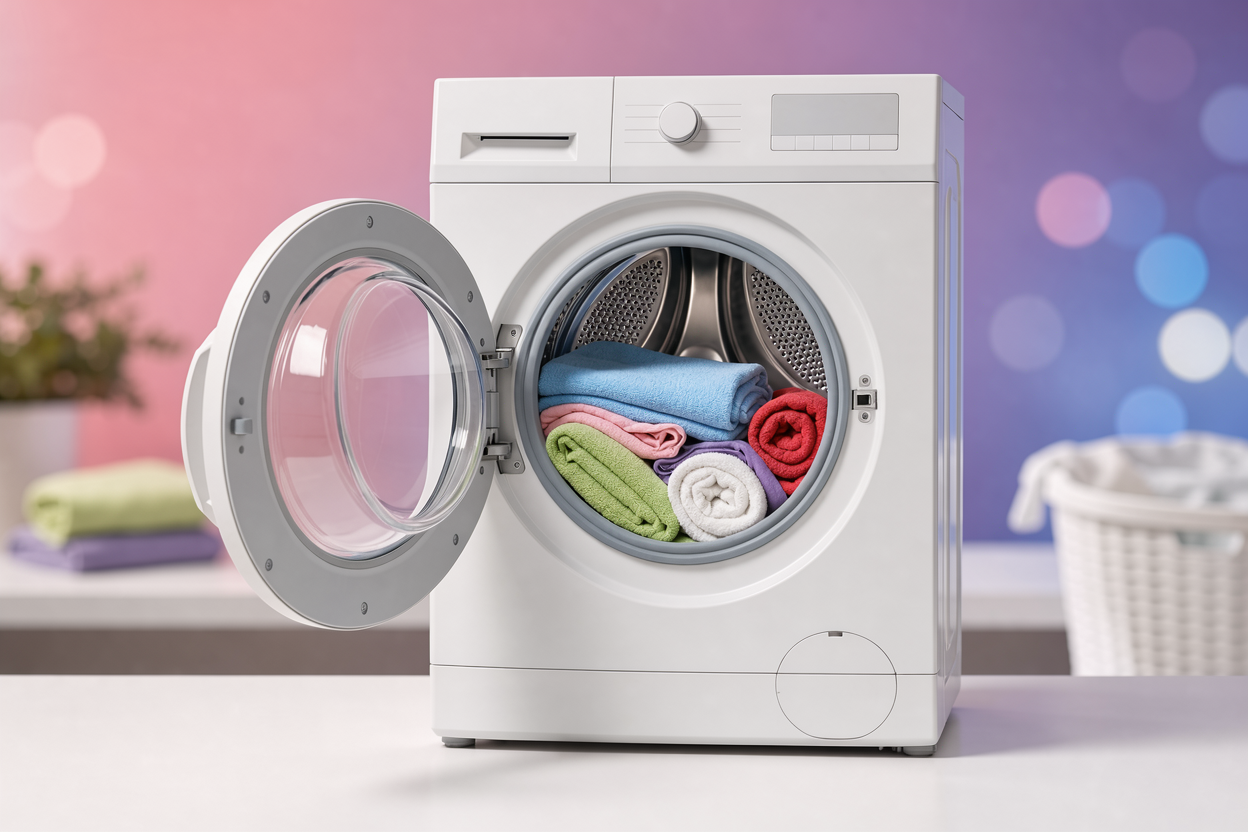 Open washing machine drum with neatly arranged towels and clothes inside, no branded detergents visible, soft daylight