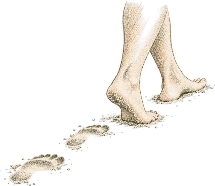 Босые ноги и цепочка следов на песке